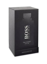 Parfum gift box with HUGO BOSS The Scent for Him logo, black textured design