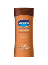 Vaseline cocoa radiant body lotion bottle with brown cap, amber label