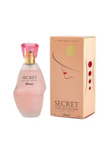 Rasasi Secret Eau de Parfum bottle and box, pink cap and face profile design