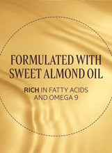 Amber-gold label graphic: sweet almond oil, rich in fatty acids and omega 9