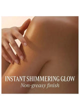 Shimmering body oil applied to skin, instant glow finish with non-greasy look
