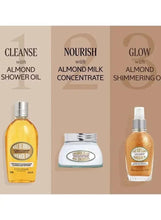Almond oil skincare lineup: shower oil bottle, concentrate jar, shimmering body oil