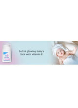 Sebamed baby protective facial cream bottle beside banner with baby image