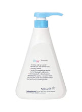 Baby shampoo bottle with blue pump, white bottle and back label text