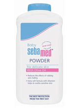 Baby powder bottle with blue cap and front label for delicate baby skin