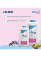 Baby powder bottle display with two bottles and blue caps