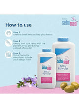 Baby powder bottle with blue cap and a smaller bottle beside it
