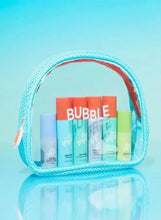 Turquoise zip pouch holding mini skincare bottles arranged in a row