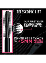 Black telescopic lift mascara wand and brush with double-hook bristles