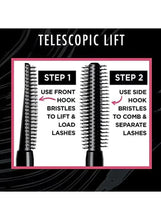 Telescopic lift mascara wand shown with two step brush angles