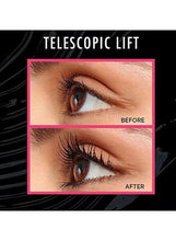 Black mascara on curled lashes shown in two stacked eye panels