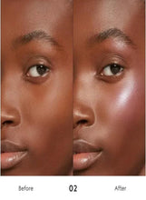 Before-and-after of face with lilac shimmer highlighter on cheek area