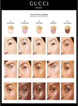 GUCCI beauty highlighter shade chart with multiple swatches and model photos