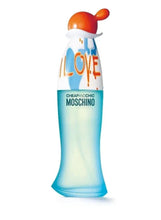MOSCHINO women’s eau de toilette bottle, blue glass with orange cap and LOVE print