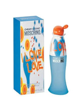 Eau de toilette box and bottle set, blue bottle with orange cap and LOVE label