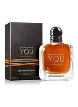 Eau de parfum bottle and box, dark amber liquid, Stronger With You Intense