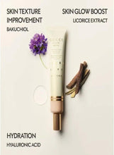 Gucci Glow skin tint tube with gold cap, beige product and skin-benefit labels