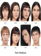 GUCCI concealer shades on face model, numbered 21N to 28C