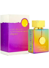 Armaf eau de parfum bottle with gold cap and matching box, rainbow gradient