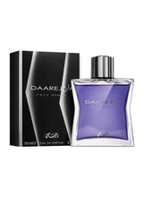 Eau de parfum set with purple glass bottle, shiny cap, and 100 ml box