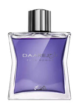 Daarej eau de parfum bottle with purple glass and silver striped cap, 100 ml