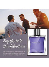 Eau de parfum bottle on campaign panel with purple glass and silver cap, 100 ml