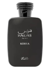 Black men's eau de parfum bottle with ribbed dark cap, Hawas Kobra label