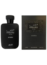Black eau de parfum bottle and matching box, Hawas Kobra For Him text