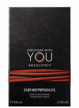 Eau de parfum box, black design with orange stripe, 'Stronger with You Absolutely' text