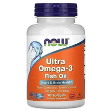 NOW Ultra Omega-3 Fish Oil softgel bottle with blue cap and orange label