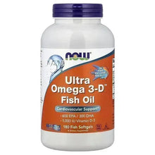 NOW Ultra Omega 3-D fish oil supplement bottle with orange and blue front label.