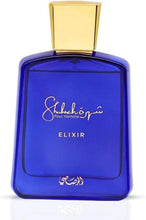 Blue glass eau de parfum bottle with gold square cap, front label text visible