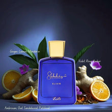 Blue eau de parfum bottle with gold square cap, Elixir label on front