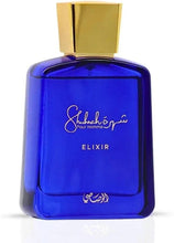 Blue glass eau de parfum bottle with gold square cap, centered front label