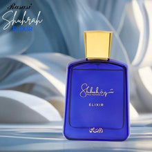 Blue eau de parfum bottle with gold square cap, front logo and text visible