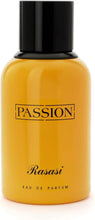 Amber eau de parfum bottle with black cap, Rasasi Passion label