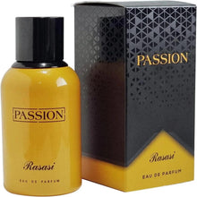 Amber eau de parfum bottle with black cap beside Passion fragrance box