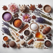 Mini amber perfume bottle with floral and spice fragrance elements on display