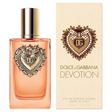Devotion intense EDP perfume bottle and box, heart DG logo, gold-tone cap