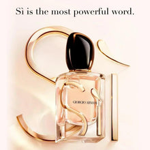 Eau de parfum bottle with black cap and gold "Sì" on clear glass