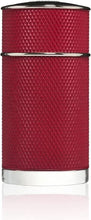 Red textured eau de parfum bottle with black top and silver base