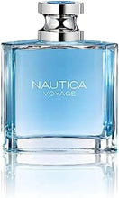 Nautica Voyage eau de toilette glass bottle with silver cap, blue liquid, front label