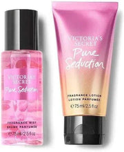 Pure Seduction fragrance mist and lotion set in pink bottles and tube