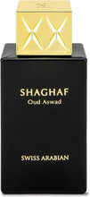 Shaghaf Oud Aswad 75 ml Eau de Parfum box, black with gold patterned lid