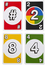 Playing cards showing #, 2, 8, and 4 in red, black, yellow, and green