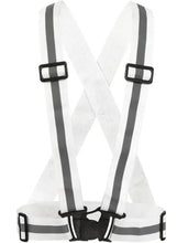 White reflective safety waist belt with dark hook-and-loop straps and front X pattern