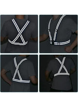Reflective safety jacket front and sleeve straps with white stripe trim on dark fabric