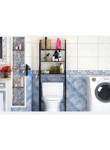 3-shelf corner storage organizer stand, black metal frame and open shelves in bathroom