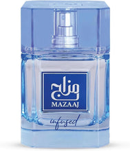 Zimaya Mazaaj infused eau de parfum bottle, clear glass with blue tint and logo.