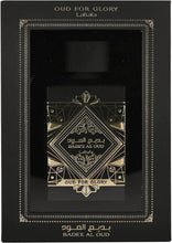 Oud for Glory eau de parfum box with black cover and gold geometric design